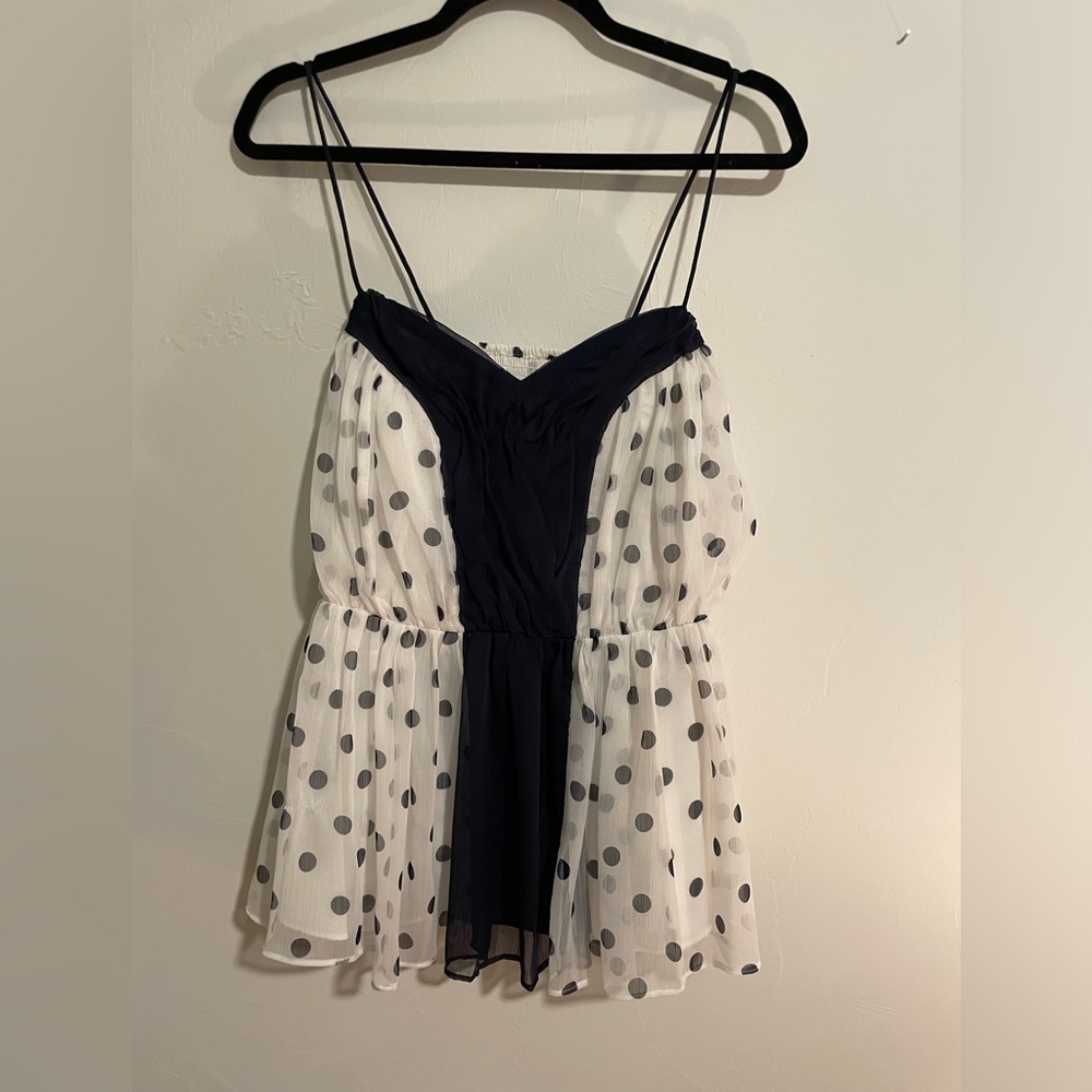 NWT Navy blue and white Girls from Savoy polka dot chiffon top